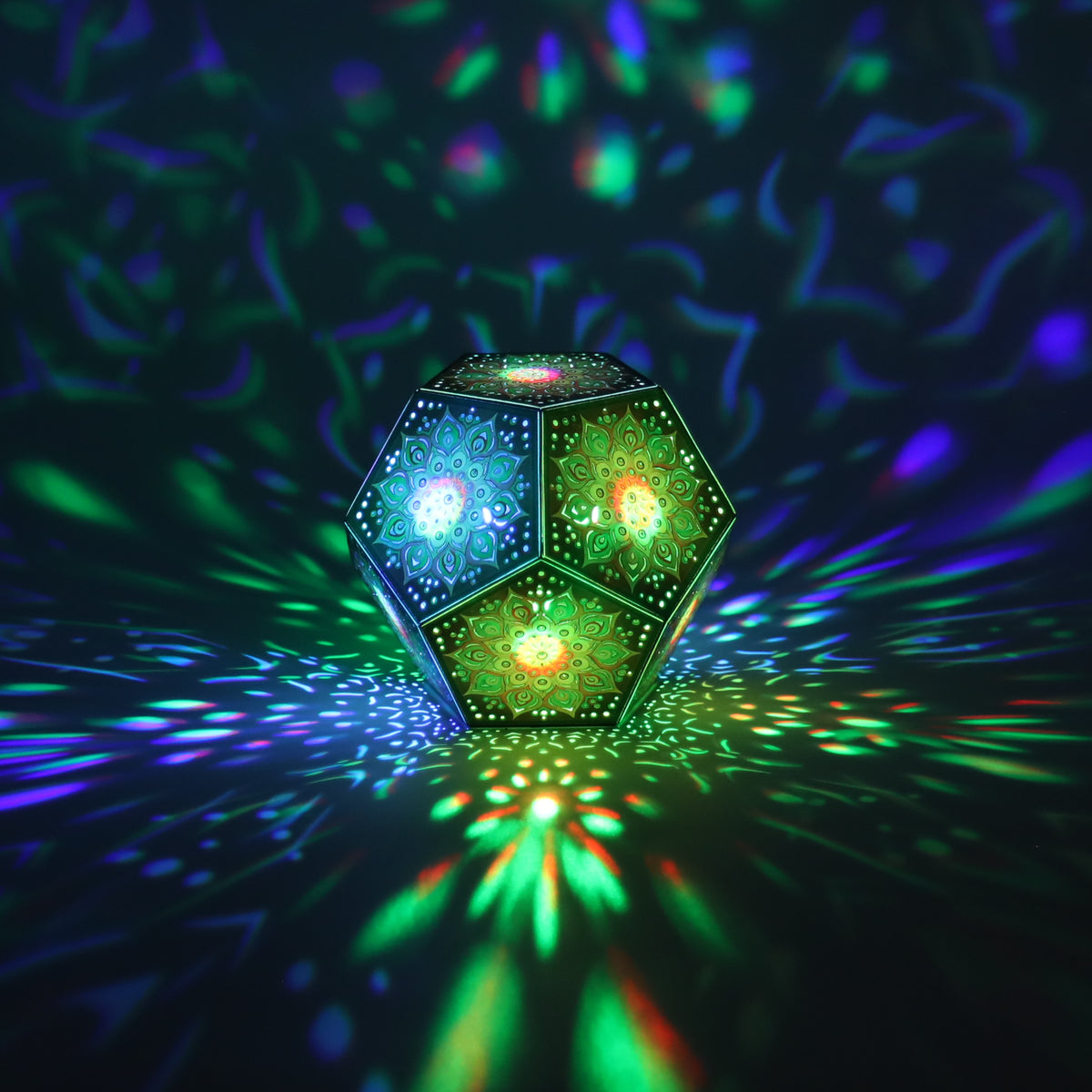 MikhaLuma Sophia dodecahedron lantern in Shadow Caster style, casting geometric light patterns across a dark room
