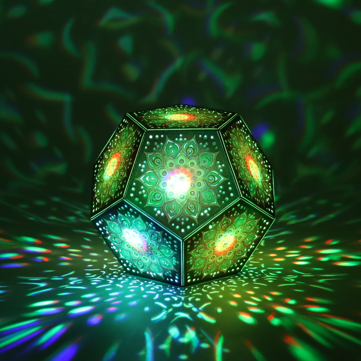MikhaLuma Sophia dodecahedron lantern in Shadow Caster style, casting geometric light patterns across a dark room