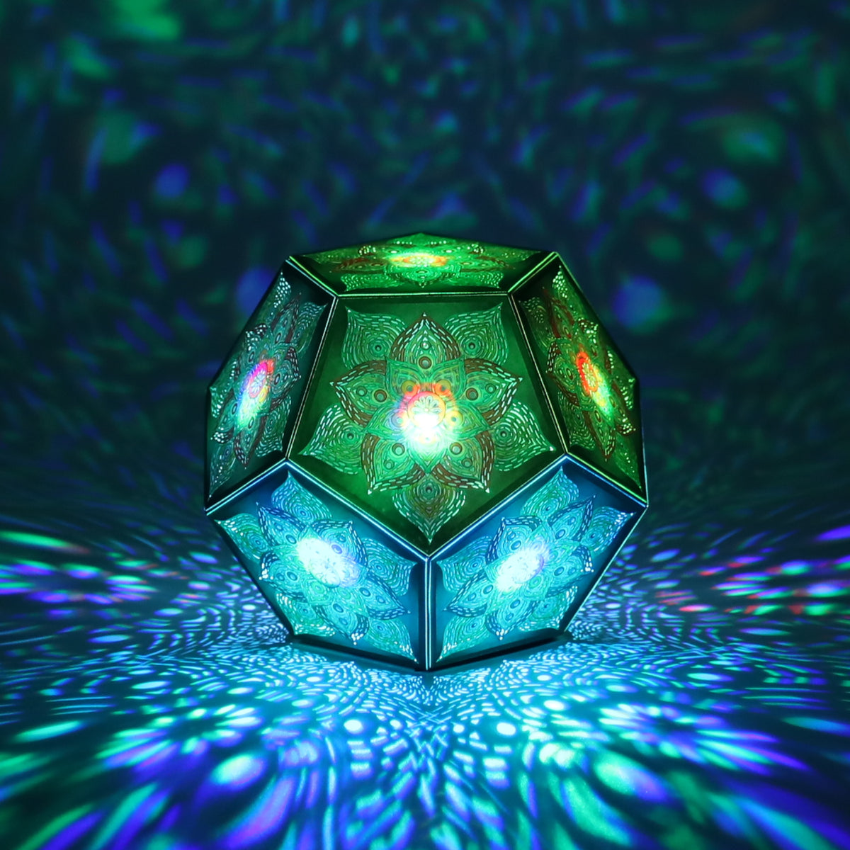 MikhaLuma Eros dodecahedron lantern in Shadow Caster style, casting geometric light patterns across a dark room