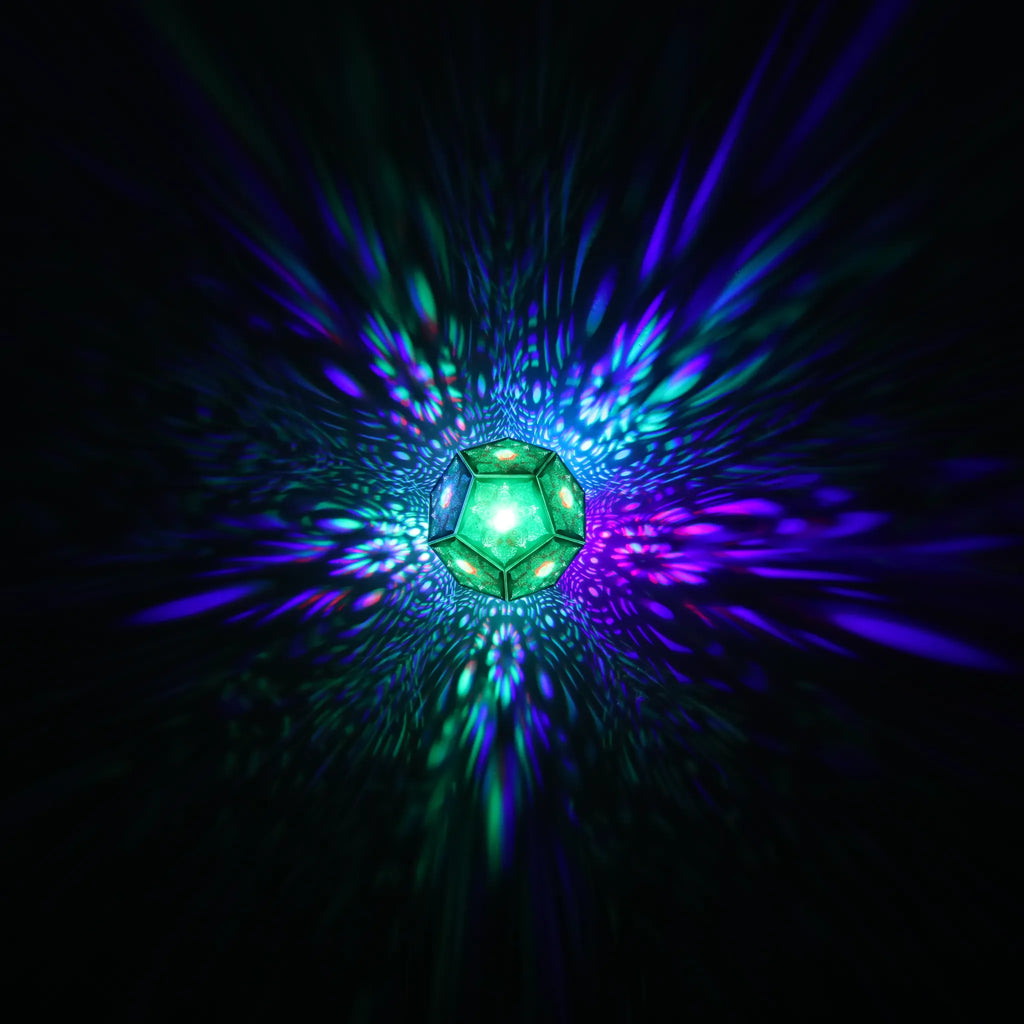 MikhaLuma Eros dodecahedron lantern in Shadow Caster style, geometric pattern projected across a wall