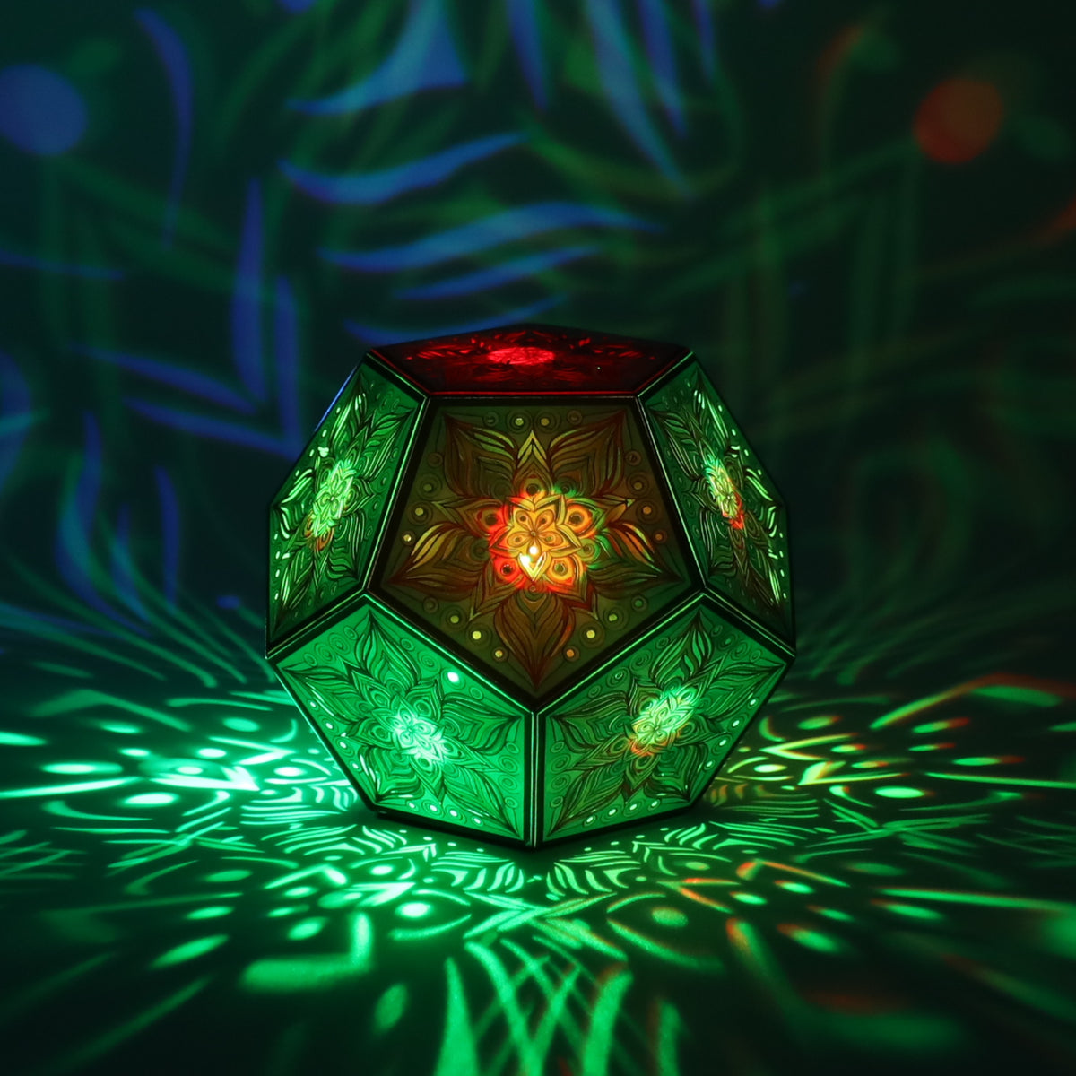 MikhaLuma Metanoia dodecahedron lantern in Shadow Caster style, casting geometric light patterns across a dark room