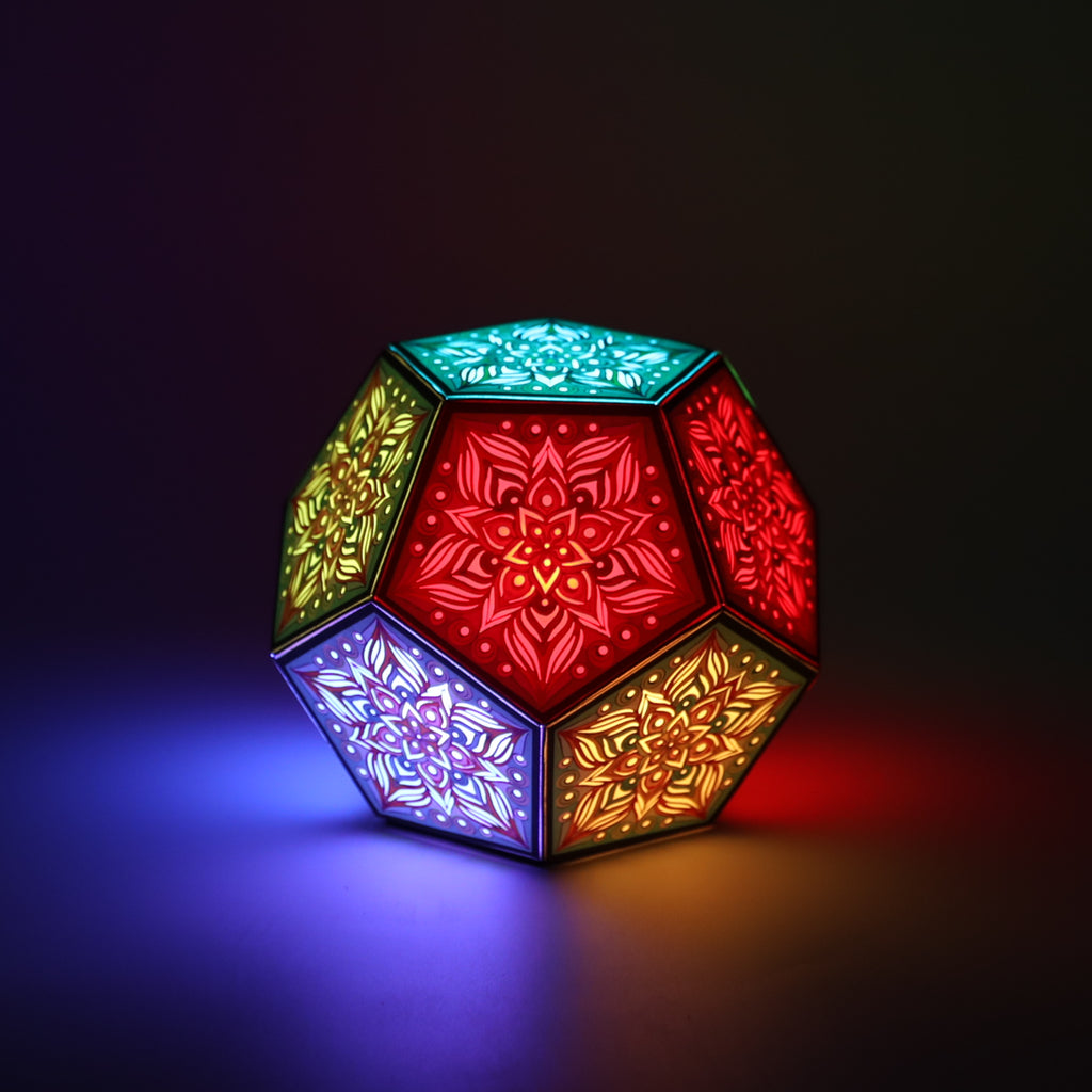 MikhaLuma Metanoia dodecahedron lantern in Glow style, glowing softly from within