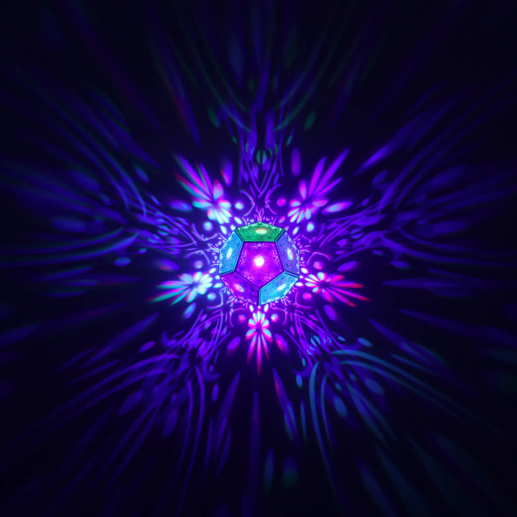 MikhaLuma Agape dodecahedron lantern in Shadow Caster style, geometric pattern projected across a wall