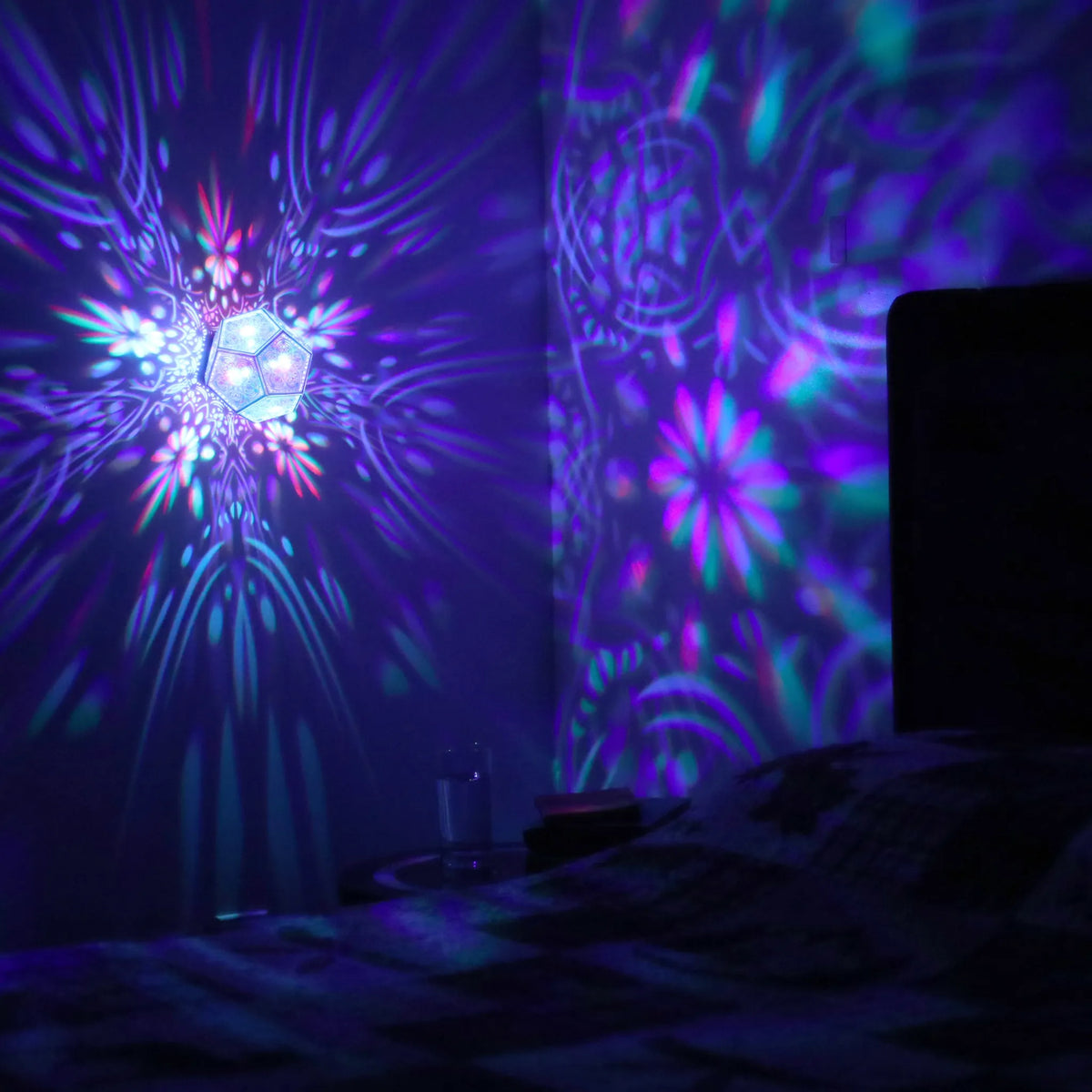 MikhaLuma Agape dodecahedron lantern in Shadow Caster style, projected pattern wrapping a wall corner